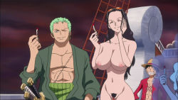 Rule 34 | closed eyes, highres, monkey d. luffy, nico robin, nude filter, one piece, roronoa zoro, smile, tagme, third-party edit, usopp
