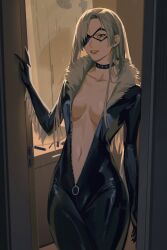 Rule 34 | 1girl, absurdres, bathroom, black cat (marvel), black cat (marvel) (cosplay), breasts, catsuit, chainsaw man, cleavage, collar, cosplay, domino mask, doorway, eyepatch, fur trim, grey hair, highres, long hair, marvel, mask, medium breasts, no bra, quanxi (chainsaw man), solo, spider-man (series), studded collar, unzipped, uqi32, zipper