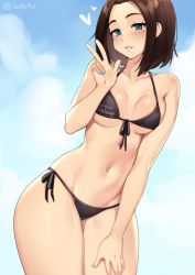 Rule 34 | 1girl, bare arms, bare shoulders, bikini, black bikini, blue eyes, blue nails, blush, breasts, brown hair, clothes writing, collarbone, freckles, front-tie bikini top, front-tie top, groin, halterneck, hand on own thigh, heart, highres, iwbitu, looking at viewer, medium breasts, mole, mole under eye, nail polish, navel, parted lips, product girl, samsung, samsung sam, short hair, side-tie bikini bottom, smile, solo, string bikini, swimsuit, thighs, twitter username, w