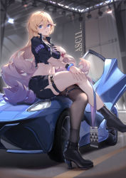 Rule 34 | 1girl, armband, asc11, bianka durandal ataegina, black footwear, black jacket, black legwear, black shirt, black shorts, blonde hair, blue eyes, boots, breasts, car, character request, chinese commentary, commentary request, copyright request, crop top, cropped jacket, crossed legs, gradient hair, hair between eyes, hand on own chest, high heel boots, high heels, indoors, jacket, large breasts, long hair, looking at viewer, midriff, motor vehicle, multicolored hair, navel, parted lips, purple hair, shirt, short shorts, short sleeves, shorts, sitting, skindentation, solo, stomach, thigh strap, thighs, very long hair