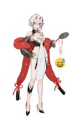 Rule 34 | 1girl, asymmetrical hair, azur lane, bad id, bad twitter id, black footwear, blush, breasts, center opening, cleavage, closed mouth, covered erect nipples, detached sleeves, ear piercing, embarrassed, emoji, feather boa, flower knot, full body, hair between eyes, hand fan, hand on own hip, high heels, highres, holding, holding fan, horns, kinu (azur lane), looking at viewer, medium breasts, medium hair, ohisashiburi, oni horns, paper fan, pelvic curtain, piercing, revealing clothes, see-through, see-through sleeves, sideless outfit, silver hair, simple background, solo, standing, sweatdrop, tassel, thighs, uchiwa, white background, yellow eyes