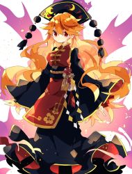 Rule 34 | 1girl, aura, black dress, black headwear, chinese clothes, closed mouth, commentary, dress, feet out of frame, highres, junko (touhou), long dress, long hair, long sleeves, looking at viewer, nikorashi-ka, obi, one-hour drawing challenge, orange hair, phoenix crown, red eyes, red tabard, sash, sleeves past wrists, solo, tabard, tassel, touhou, very long hair, white background, wide sleeves