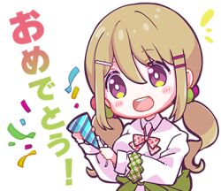 Rule 34 | 1girl, :d, blush, bow, bright pupils, brown hair, chibi, collared shirt, confetti, denonbu, green scrunchie, hair between eyes, hair bobbles, hair ornament, hairclip, holding, holding party popper, kayano futaba, long hair, long sleeves, looking at viewer, low twintails, lowres, nonkomu (furiten5553), official art, open mouth, outline, party popper, purple eyes, red bow, scrunchie, shirt, sidelocks, smile, solo, translated, transparent background, twintails, white outline, white pupils, white shirt, wrist scrunchie