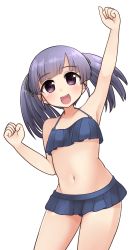 Rule 34 | 1girl, bikini, bikini skirt, black bikini, blue hair, commentary request, frilled bikini, frills, gradient sky, highres, kantai collection, long hair, looking at viewer, ooshio (kancolle), open mouth, purple eyes, raised fist, round teeth, simoyuki, simple background, sky, smile, solo, standing, swimsuit, teeth, twintails, upper teeth only, white background