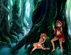 Rule 34 | 2girls, alice in wonderland, apron, barefoot, blonde hair, blue eyes, card, crossover, detached sleeves, forest, hood, little red riding hood, long hair, looking at viewer, midriff, multiple girls, naked apron, nature, original, pisuke, plant roots, playing card, pocket watch, red eyes, short hair, soaking feet, tree, wading, watch, water, wetland