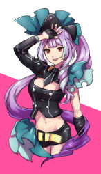 Rule 34 | 10s, 1girl, :d, arm up, asymmetrical sleeves, bad id, bad pixiv id, black gloves, black necktie, black shorts, black sleeves, breasts, cleavage, cleavage cutout, clothing cutout, cowboy shot, cropped legs, detached sleeves, drill hair, fingerless gloves, floating hair, gloves, grin, highres, long sleeves, looking at viewer, macross, macross delta, medium breasts, midriff, mikumo guynemer, navel, necktie, open mouth, pink background, ponytail, purple hair, red eyes, shimatani azu, short necktie, short shorts, shorts, smile, solo, standing, stomach, two-tone background, uneven sleeves, white background