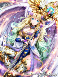 Rule 34 | 1girl, angel wings, aqua hair, arm warmers, blonde hair, blue collar, blue dress, blue eyes, breasts, cleavage, collar, detached collar, dragon tactics, dress, flower, forehead jewel, gold trim, gradient hair, hair ornament, highres, holding, holding staff, lace, long hair, looking at viewer, multicolored hair, official art, purple flower, sitting, skyscope, staff, thighhighs, tiara, very long hair, white thighhighs, white wings, wings