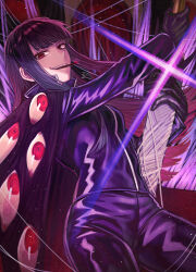 Rule 34 | 1girl, black hair, blunt bangs, cigarette, coat, commentary request, grin, highres, holding, holding sword, holding weapon, jacket, limbus company, long hair, official alternate hair length, official alternate hairstyle, pants, project moon, purple jacket, purple pants, rashima (rcm illust), red eyes, ryoshu (project moon), scabbard, sheath, sidelocks, silk, smile, smoking, solo, spider bud, spider web, straight hair, sword, teeth, too many eyes, track jacket, unsheathing, upper teeth only, weapon, zipper