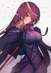 Rule 34 | 1girl, artist request, bad id, bad twitter id, bodysuit, breasts, capelet, cowboy shot, fate/grand order, fate (series), gae bolg (fate), hair between eyes, long hair, purple capelet, purple hair, red eyes, scathach (fate), solo, standing, waist cape, white background