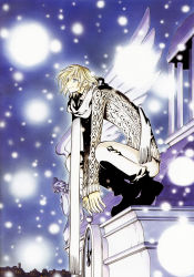 Rule 34 | 1boy, absurdres, aran sweater, blonde hair, blue eyes, cable knit, clamp, fai d. flowright, from side, half-closed eyes, highres, male focus, outdoors, scarf, short hair, snow, snowing, solo, sweater, tsubasa chronicle, white scarf, white sweater