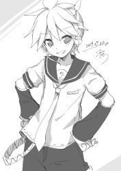 Rule 34 | 1boy, arm warmers, bass clef, black shorts, commentary, contrapposto, cowboy shot, dated, greyscale, grin, hands on own hips, kagamine len, looking at viewer, male focus, monochrome, monochrome, necktie, sailor collar, school uniform, shirt, short ponytail, short sleeves, shorts, signature, smile, solo, spiked hair, sudachi (calendar), vocaloid, white shirt