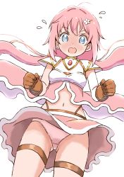 Rule 34 | 1girl, armor, blue eyes, blush, breasts, clothes lift, endro!, navel, panties, pauldrons, pink hair, pink panties, shougakusei, shoulder armor, small breasts, solo, underwear, white background, yuria shardet