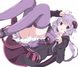 Rule 34 | 1girl, :o, ahoge, blush, dress, flat chest, full body, hair ornament, highres, hood, jacket, long hair, long sleeves, looking at viewer, low twintails, open mouth, panties, pantyshot, purple dress, purple eyes, purple hair, purple thighhighs, simple background, sleeves past wrists, solo, striped, tantan men (dragon), thighhighs, twintails, underwear, upskirt, v, vocaloid, voiceroid, white background, yuzuki yukari