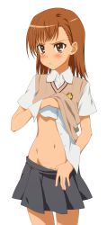 Rule 34 | 1girl, :&lt;, absurdres, amagami, blush, brown eyes, brown hair, brown sweater, closed mouth, clothes lift, clothes pull, collared shirt, commentary request, highres, legs apart, lifting own clothes, midiman, misaka mikoto, navel, parody, pleated skirt, pout, pulling own clothes, school uniform, shirt, shirt lift, short hair, shorts, shorts pull, skirt, skirt pull, solo, standing, stomach, sweater, sweater vest, toaru kagaku no railgun, toaru majutsu no index, transparent background, v-neck, voice actor connection, white shirt