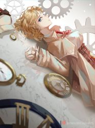 Rule 34 | blonde hair, blue eyes, bob cut, breasts, brown jacket, brown skirt, clock, collared jacket, collared shirt, colored skin, crack, cracked floor, detective, dress shirt, eyelashes, gears, hat, high-waist skirt, highres, hololive, hololive english, jacket, jayvee, large breasts, looking at viewer, looking to the side, lying, necktie, on back, on floor, parted lips, patreon logo, patreon username, plaid, plaid skirt, pleated skirt, red tie, reflection, reflective floor, roman numeral, shirt, short hair, skirt, solo, unworn hat, unworn headwear, virtual youtuber, watch, watson amelia, white shirt, white skin