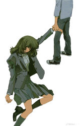 Rule 34 | 1boy, 1girl, absurdres, black footwear, black jacket, black pants, black skirt, black sleeves, black thighhighs, blazer, blue shirt, blue sleeves, boots, buttons, character request, chinese commentary, closed eyes, collared shirt, commentary request, copyright request, cross-laced footwear, foot out of frame, green hair, high-waist skirt, highres, holding another&#039;s wrist, jacket, kgeroua, layered sleeves, long sleeves, lower body, medium hair, medium skirt, open clothes, open jacket, outstretched arm, pants, pleated skirt, pocket, school uniform, shirt, shoes, simple background, sitting, skirt, sneakers, striped clothes, striped shirt, striped sleeves, thighhighs, watermark, weibo logo, weibo username, white background, white shirt