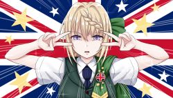 Rule 34 | 1girl, blonde hair, blouse, blue necktie, bow, braid, braided bangs, braided bun, buttons, commentary request, double v, emphasis lines, flag background, green vest, hair bow, hair bun, kantai collection, necktie, open mouth, perth (kancolle), purple eyes, shirt, short hair, short sleeves, solo, star (symbol), tk8d32, union jack, upper body, v, vest, white shirt