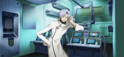 Rule 34 | 1boy, adjusting eyewear, arm up, armband, artist request, blue eyes, blue hair, blue shirt, coat, code geass, code geass: lost stories, cowboy shot, game cg, glasses, hair intakes, half-closed eyes, hand on own hip, happy, high collar, highres, indoors, lab coat, laboratory, leaning forward, lloyd asplund, long sleeves, looking at viewer, male focus, monitor, non-web source, official art, open mouth, pocket, rimless eyewear, shirt, short hair, smile, solo, standing, white coat