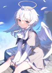 Rule 34 | 1girl, amasora ia, angel, angel wings, dress, feathered wings, feathers, frills, halo, highres, indie virtual youtuber, long hair, long sleeves, looking at viewer, low twintails, ruins, shindou kamichi, sitting, sky, smile, solo, twintails, v arms, virtual youtuber, white dress, white theme, white wings, wind, wings