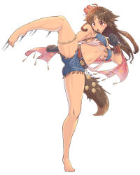 Rule 34 | 1girl, absurdres, animal ears, animal hands, antenna hair, bad id, bad pixiv id, bare shoulders, barefoot, belt, bikini, bikini top only, blue bikini, blush, breasts, brown belt, brown eyes, brown hair, circlet, cleavage, commentary request, dark-skinned female, dark skin, denim, denim shorts, dog ears, dog tail, earrings, engineer kim, fang, full body, gloves, groin, highres, jewelry, kaori (princess connect!), kaori (summer) (princess connect!), kicking, korean commentary, large breasts, long hair, midriff, mixed-language commentary, navel, open mouth, parted bangs, paw gloves, pink shawl, princess connect!, shawl, short shorts, shorts, sidelocks, simple background, solo, standing, standing on one leg, stud earrings, swimsuit, tail, textless version, thighlet, underboob, white background