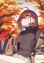 Rule 34 | 1girl, 92m, ahoge, autumn, autumn leaves, bench, blush, breasts, brown jacket, brown sweater, highres, jacket, kinshi no ane (92m), large breasts, long hair, looking up, medium hair, off shoulder, original, outdoors, red-framed eyewear, sitting, smile, solo, sweater