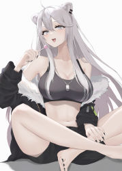 Rule 34 | 1girl, :d, absurdres, ahoge, animal ears, bad id, bad pixiv id, barefoot, black jacket, black nails, black shorts, black sports bra, breasts, candy, cleavage, crop top, dog tags, earrings, fang, fingernails, food, fur-trimmed jacket, fur trim, grey eyes, grey sports bra, hair between eyes, highres, holding, holding candy, holding food, holding lollipop, hololive, indian style, jacket, jewelry, large breasts, lion ears, lion girl, lollipop, long hair, looking at viewer, nail polish, navel, off shoulder, open mouth, renge (730), shishiro botan, shishiro botan (button-down), shorts, sitting, smile, solo, sports bra, stomach, teeth, thighs, upper teeth only, very long hair, virtual youtuber, white hair