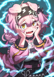 Rule 34 | 1girl, ahoge, animal ears, arknights, black bow, black hairband, black skirt, blue background, bow, braid, breasts, cat ears, cat girl, crying, crying with eyes open, electricity, fang, floppy ears, goldenglow (arknights), hair between eyes, hair bow, hair ornament, hairband, hairclip, hands on own face, hands up, high-waist skirt, jacket, lightning bolt print, long hair, long sleeves, looking at viewer, memetaroh, open mouth, pink hair, pink jacket, print bow, print hairband, scissors, shirt, signature, simple background, skin fang, skirt, small breasts, solo, tears, upper body, white shirt, yellow eyes