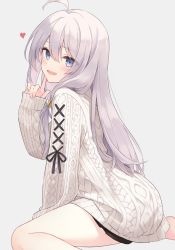 Rule 34 | 1girl, :d, ahoge, aran sweater, arm support, azuuru, black skirt, blush, cable knit, commentary, copyright request, cross-laced clothes, cross-laced sleeves, feet out of frame, finger to cheek, from side, grey hair, hair tubes, hand up, heart, highres, index finger raised, long hair, looking at viewer, miniskirt, open mouth, pleated skirt, sidelocks, simple background, sitting, skirt, sleeves past wrists, smile, solo, sweater, symbol-only commentary, turtleneck, turtleneck sweater, wariza, white sweater