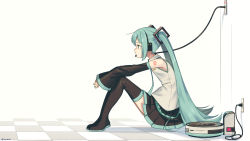 Rule 34 | 1girl, android, aqua eyes, aqua hair, aqua nails, aqua necktie, bare shoulders, black skirt, black sleeves, black thighhighs, boots, cable, charging device, commentary, detached sleeves, electric plug, electrical outlet, expressionless, from side, grey shirt, hair ornament, hatsune miku, headphones, headset, long hair, machine, miniskirt, nail polish, necktie, pleated skirt, robotic vacuum cleaner, shirt, shoulder tattoo, sitting, skirt, sleeveless, sleeveless shirt, solo, symbol-only commentary, tattoo, thigh boots, thighhighs, tile floor, tiles, torla16, twintails, very long hair, vocaloid, white background, zettai ryouiki