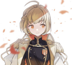 Rule 34 | 1girl, ahoge, black jacket, blonde hair, blurry, blurry foreground, braid, buttons, closed mouth, commentary, epaulettes, falling petals, gold trim, high collar, highres, jacket, jacket on shoulders, looking at viewer, medal, open clothes, open jacket, orange eyes, otori michiru, petals, short hair, shoujo kageki revue starlight, shoujo kageki revue starlight -re live-, simple background, single braid, smile, solo, tareko, twitter username, uniform, upper body, white background, white jacket