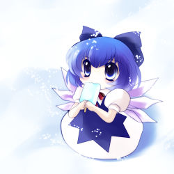 Rule 34 | 1girl, :3, blue eyes, blue hair, bow, chibi, cirno, hair bow, highres, matching hair/eyes, perfect cherry blossom, popsicle, snow, solo, touhou, wings, yume shokunin