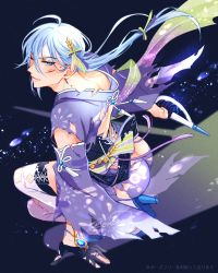 Rule 34 | 1boy, black gloves, blood, blood on face, blue eyes, blue gemstone, blue hair, clothing cutout, edmond (nu carnival), gem, girly boy, gloves, hair ornament, highres, holding, holding sword, holding weapon, japanese clothes, kimono, light blue hair, looking at viewer, low ponytail, male focus, mobugorilla, nu carnival, one eye closed, sitting, solo, sword, weapon