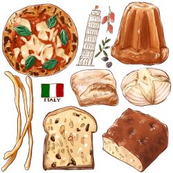 Rule 34 | berry, bread, building, cheese, dessert, food, food focus, highres, italian flag, leaf, leaning tower of pisa, miri illust, no humans, original, pastry
