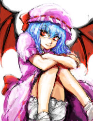 Rule 34 | 1girl, bat wings, bloomers, blue hair, female focus, hat, knees to chest, knees up, mob cap, osakana (denpa yun&#039;yun), puffy short sleeves, puffy sleeves, red eyes, remilia scarlet, short hair, short sleeves, silver hair, simple background, smile, solo, touhou, underwear, vampire, white background, white bloomers, wings