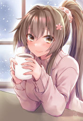 Rule 34 | 1girl, absurdres, artist name, blush, brown eyes, brown hair, closed mouth, cup, dated, flower, hair between eyes, hair flower, hair ornament, highres, holding, holding cup, kantai collection, long hair, long sleeves, looking at viewer, mashiro yukiya, pink flower, ponytail, signature, smile, solo, very long hair, window, yamato (kancolle)