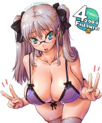 Rule 34 | 1girl, amania orz, aqua eyes, black ribbon, bra, breasts, cleavage, copyright request, dated, double v, glasses, grey hair, grey thighhighs, hair ribbon, highres, huge breasts, long hair, looking at viewer, milestone celebration, open mouth, original, purple bra, ribbon, simple background, solo, strap gap, thighhighs, twintails, twitter username, underwear, v, white background