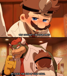 Rule 34 | 2boys, 2koma, big nose, blue eyes, blush, bowser, collared shirt, comic, commentary, dr. mario, dr. mario (game), english commentary, english text, facial hair, forked eyebrows, furry, furry with non-furry, hand up, head mirror, highres, holding, interspecies, kamari (kakomari25), lab coat, large hands, looking at another, male focus, mario, mario (series), meme, multiple boys, mustache, necktie, nintendo, nose blush, parody, red hair, red necktie, salaryman, senpai ga uzai kouhai no hanashi, shirt, short hair, size difference, spiked shell, subtitled, sweatdrop, tearing up, thick eyebrows, toothpick, turtle shell, upper body, why couldn&#039;t i be your wife (meme), yaoi