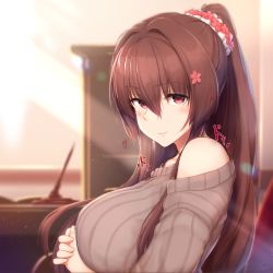 Rule 34 | 1girl, alternate costume, blush, breasts, brown hair, brown sweater, closed mouth, collarbone, desk, flower, from side, hair flower, hair intakes, hair ornament, highres, indoors, kantai collection, large breasts, light rays, long hair, long sleeves, looking at viewer, off shoulder, osterei, own hands together, ponytail, purple eyes, ribbed sweater, scrunchie, sidelocks, sitting, smile, solo, sweater, upper body, very long hair, yamato (kancolle)