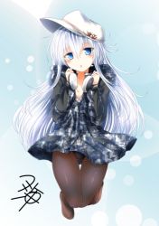 Rule 34 | 1girl, :o, black panties, black pantyhose, blue background, blue eyes, blush, boots, brown footwear, camouflage, coat, earmuffs removed, flat cap, full body, gluteal fold, hair between eyes, hat, head tilt, hibiki (kancolle), hood, hood down, hooded coat, jewelry, jumping, kantai collection, knees together feet apart, long hair, long sleeves, looking at viewer, necklace, open mouth, panties, panties under pantyhose, pantyhose, signature, silver hair, solo, star (symbol), tareme, thigh gap, underwear, white hat, winter clothes, winter coat, yua (checkmate)