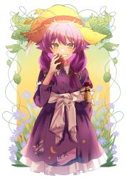 Rule 34 | 1girl, absurdres, dress, flower, grin, hair flaps, hat, highres, holding, idola (mukbangfan22), little goody two shoes, low twintails, medium hair, patchwork clothes, pinecone, purple dress, purple hair, rozenmarine (little goody two shoes), shawl, smile, solo, straw doll, straw hat, twintails, violet (flower), white shawl, witch hat, yellow eyes