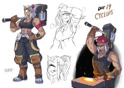 Rule 34 | 1girl, anvil, apron, bandaid, bandaid on arm, bandana, blacksmith, boots, bra, broken horn, cyclops, dark-skinned female, dark skin, english text, gloves, green eyes, hammer, horns, hot, missing tooth, monster girl, muscular, muscular female, one-eyed, open mouth, original, over shoulder, overalls, pointy ears, ponytail, ryuusei (mark ii), smile, solo, sports bra, sweat, tongs, training bra, underwear, weapon, weapon over shoulder