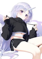 Rule 34 | 1girl, :o, absurdres, black jacket, black shorts, blush, breasts, cleavage, copyright request, dolphin shorts, drawstring, feet out of frame, grey hair, hands up, highres, horns, jacket, large breasts, long sleeves, medium breasts, navel, parted bangs, parted lips, puffy long sleeves, puffy sleeves, purple eyes, short shorts, shorts, simple background, single horn, sitting, sleeves past wrists, solo, syhan, underboob, virtual youtuber, white background