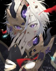 Rule 34 | 1boy, armor, bishounen, black background, bleeding, blood, blood on face, broken, broken mask, commentary request, cuts, fate/grand order, fate (series), fingerless gloves, gem, gloves, hair between eyes, horned mask, injury, looking at viewer, male focus, mask, parted lips, portrait, prince of lan ling (fate), purple eyes, reichiou, revision, shatter, short hair, silver hair, simple background, solo