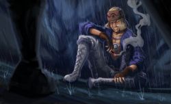 Rule 34 | absurdres, bad id, bad twitter id, blonde hair, blue shirt, boots, brew.art, cigar, clenched teeth, closed eyes, dickson (xenoblade), dutch angle, dying, facial hair, headband, highres, jewelry, male focus, mustache, necklace, nintendo, rain, shirt, sitting, smoke, solo focus, spoilers, standing, teeth, white footwear, xenoblade chronicles (series), xenoblade chronicles 1