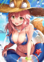 Rule 34 | 1girl, absurdres, ale nqki, animal ear fluff, animal ears, bikini, blue bikini, blue sky, blurry, blush, breasts, cleavage, cloud, depth of field, fate/grand order, fate (series), fox ears, fox tail, hair between eyes, hat, highres, innertube, jewelry, large breasts, looking at viewer, navel, necklace, open mouth, pink hair, sand dollar, side-tie bikini bottom, skindentation, sky, smile, solo, starfish, straw hat, swim ring, swimsuit, tail, tamamo (fate), tamamo no mae (fate/extra), tamamo no mae (swimsuit lancer) (fate), wet, yellow eyes