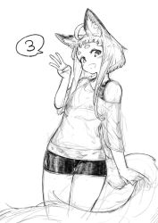 Rule 34 | 1girl, :d, ahoge, animal ear fluff, animal ears, bike shorts, blush, fang, finger counting, fox ears, fox girl, fox tail, greyscale, hand up, jaco, looking at viewer, monochrome, off shoulder, open mouth, original, shirt, short eyebrows, short shorts, short sleeves, shorts, simple background, sketch, smile, solo, spoken number, tail, thick eyebrows, thigh gap, w, white background