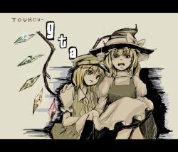 Rule 34 | 2girls, blonde hair, english text, eyebrows, female focus, flandre scarlet, grand theft auto, hat, kirisame marisa, letterboxed, multiple girls, red eyes, rockstar, taichi (tomo), touhou, wings, witch hat, yellow eyes