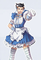 Rule 34 | 1boy, ace attorney, alternate costume, apron, black eyes, black hair, blue background, blue dress, collar, commentary, crossdressing, dress, enmaided, feet out of frame, frilled apron, frilled collar, frilled dress, frills, hair ornament, hand on own hip, highres, linjie, looking at viewer, maid, maid apron, open mouth, outstretched arm, phoenix wright, pointing, pointing at viewer, puffy short sleeves, puffy sleeves, short sleeves, solo, spiked hair, straight-on, striped clothes, striped thighhighs, sweat, thighhighs, white apron