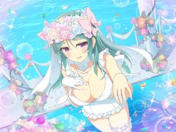 Rule 34 | 1girl, bashou (senran kagura), breasts, bridal bouquet, bridal gloves, bridal lingerie, bridal veil, bride, cleavage, dress, green hair, hair ornament, hair ribbon, hand on breast, highres, jewelry, large breasts, legs together, lingerie, long hair, looking at viewer, looking up, necklace, open mouth, marriage proposal, purple eyes, revealing clothes, ribbon, senran kagura, short hair, solo, thighband, thighs, underwear, veil, wedding, wedding dress, wedding lingerie, yaegashi nan
