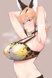 Rule 34 | 1girl, animal ears, armpits, breasts, broccoli (broccoli2626), caracal (kemono friends), collar, embarrassed, highres, japari symbol, kemono friends, large breasts, long hair, looking at viewer, covered erect nipples, orange hair, solo, steaming body, sweat, tank top